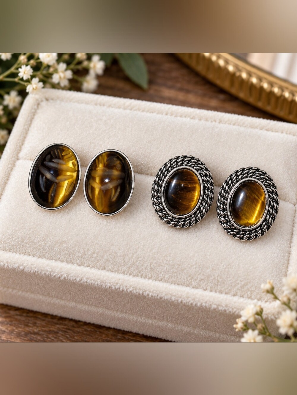 Vintage Tiger's Eye Earrings Bundle Set Egyptian Revival Scarab & Avon Rope CC